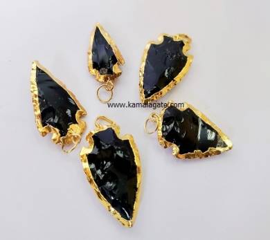 Black Agate Gemstone Arrowhead Point With Golden Electroplating Pendant